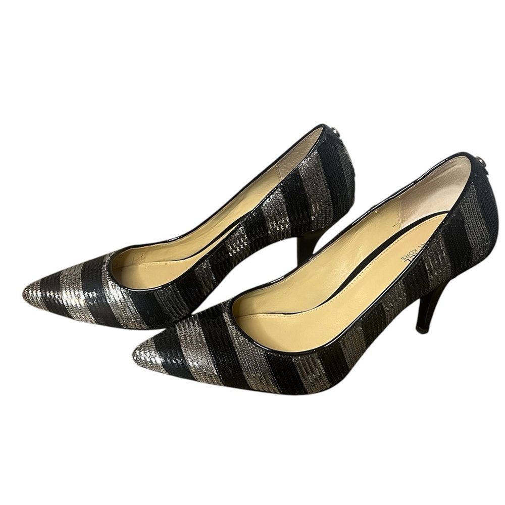 MICHAEL Michael Kors Flex Mid Pointed-Toe Black/Silver Sequin Pumps Size 7.5M